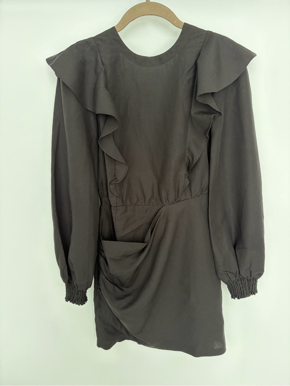 All Saints Black Ruffle Long-Sleeve Mini Dress
